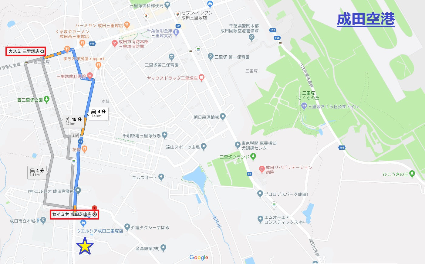 成田三里塚地域のスーパーの位置関係
